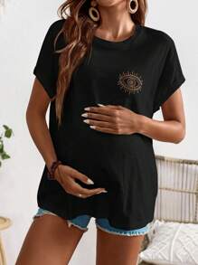 SHEIN Maternity Casual Eye Embroidered T-Shirt For Holiday - Black - View 4