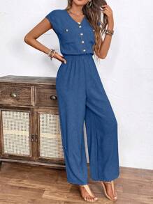 SHEIN LUNE Women's V-Neck Button Front Short Sleeve Straight Leg Casual Jumpsuit - Royal Blue - View 3