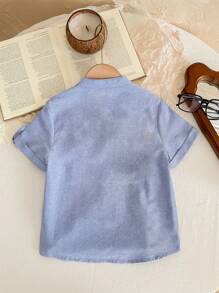 SHEIN Leap Crew Áo sơ mi tay ngắn thường ngày họa tiết Applique dành cho bé trai, thích hợp cho mùa hè - Màu xanh nhạt - Xem 2