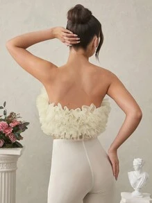 L'Amorae 优雅纯色多层网眼短款抹胸上衣 - 杏色 - 查看 3