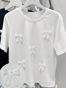 Calvaya 大码圆领蝴蝶结装饰短袖休闲宽松时尚 T 恤 - 白色 - 查看 1