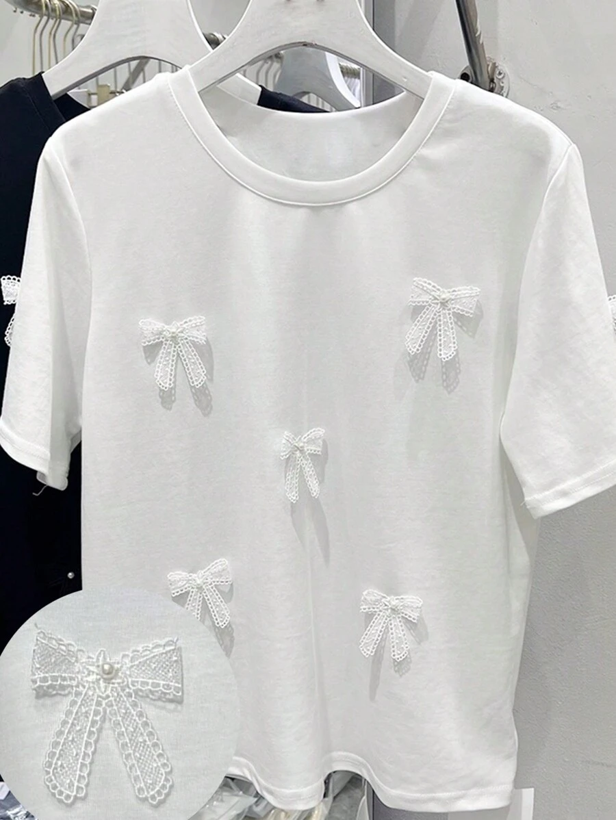 Calvaya 大码圆领蝴蝶结装饰短袖休闲宽松时尚 T 恤 - 白色 - 查看 1