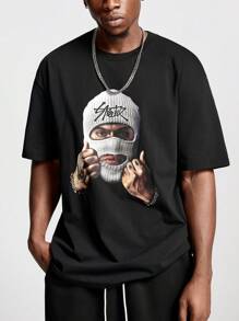 Manfinity VCAY 男士宽松英文文字图形印花短袖T恤套装，适合夏季 - 黑色 - 查看 2