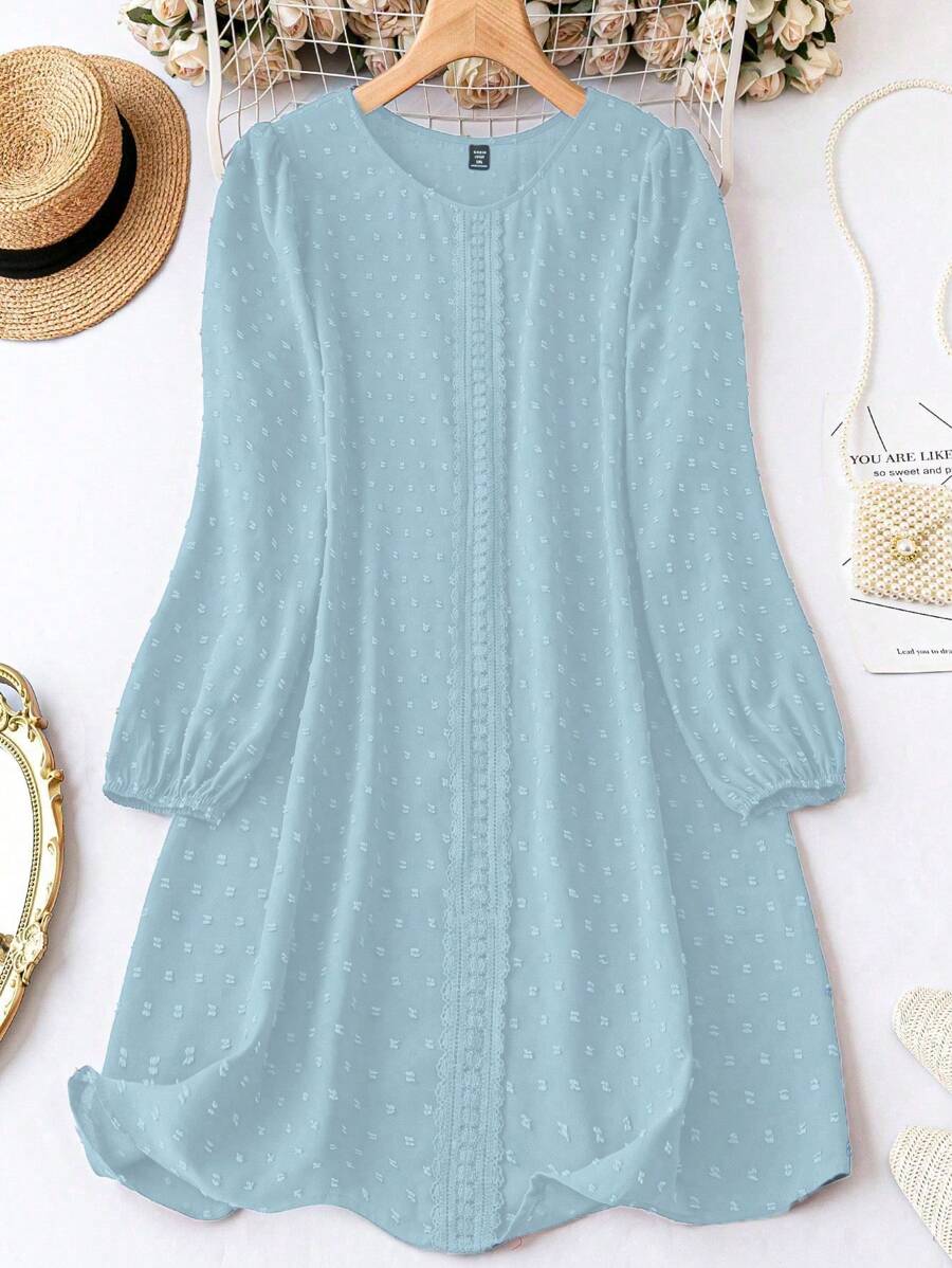Calvaya Plus Size Women Solid Color Minimalist Casual Long Sleeve Dress - Baby Blue - View 1