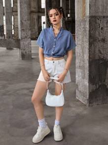 SHEIN Teen Girls Fashion Twist Front Batwing Sleeve Button Front Denim Shirt, Teen Girl Back To School Clothes Outfits