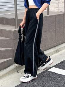 FRIFUL Women Contrast Color Side Lace Casual Pants - Black - View 1