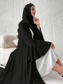 Al Najma Abrigo árabe modesto con capucha y mangas largas acampanadas de unicolor para mujer (Abaya)