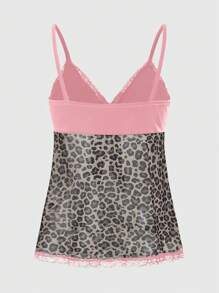 ROMWE J-Fashion Top de camisa con nudo, de patchwork estampado de leopardo, de moda, para verano