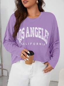 SHEIN Essnce 大码圆领长袖字母印花基本款上衣，休闲日常穿着