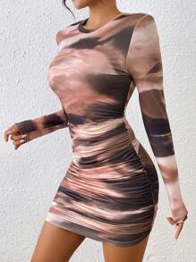 Allurite Women's Fashionable Full Print Ruffle Bodycon T-Shirt Dress - Multicolor - View 1