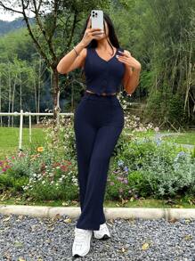 SHEIN PETITE Bộ áo liền quần cổ chữ V màu trơn và quần dài mùa hè dành cho nữ - Màu xanh hải quân - Xem 4