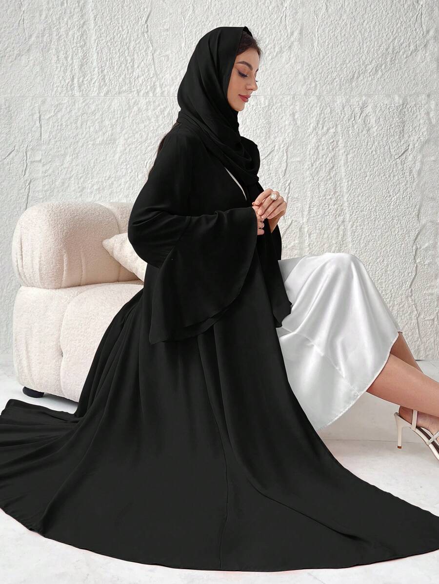 Al Najma Abrigo árabe modesto con capucha y mangas largas acampanadas de unicolor para mujer (Abaya)