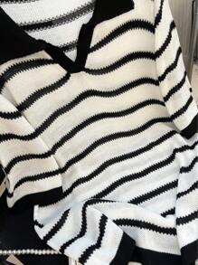 Calvaya Plus Size Striped Print Casual Turndown Collar Knit Top - Black and White - View 4