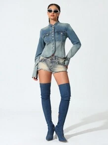 Spring Autumn Casual Ombre Washed Denim Jacket - Light Wash - View 2