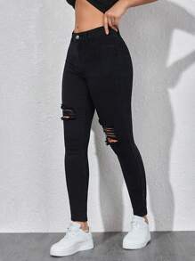 SHEIN ICON Front Button Closure Multi-Pocket Distressed Slim Fit Casual Denim Jeans Y2k - Black - View 5