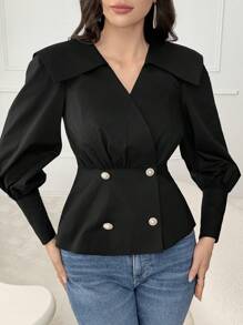 Modelyn Women's Solid Color Simple Daily Button Decorated V-Neck Long Sleeve Blouse