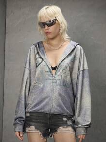 Manfinity VCAY Áo nỉ trùm đầu dệt kim in chữ dáng rộng dành cho nam, thích hợp cho mùa xuân và mùa thu, Halloween, nhiều màu sắc, phù hợp với cặp đôi, tay dài, áo hoodie có khóa kéo, đi chơi, thời Phục hưng, graffiti, cho mùa thu đông - Xám - Xem 2