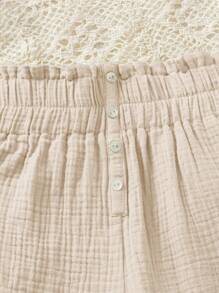 SHEIN Quần short dự tiệc cho bé gái tuổi teen, màu trơn, dáng rộng, cài cúc phía trước, viền bèo nhún trang trí. - Màu be - Xem 3