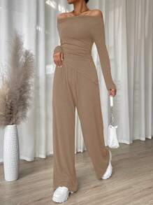 SHEIN Essnce 2 Stücke Damen Lässig Set aus Asymmetrischem Saum T-Shirt mit Off-Shoulder und Hose für Frühling/Herbst, einfarbig