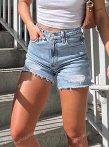 MYOURSA High Waist Distressed Ripped Raw Hem Denim Shorts
