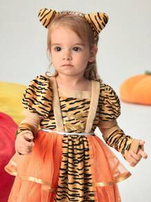 SHEIN 3pcs Girls Tiger Design Contrast Mesh Elegant Ruffled Dress With Tail, Princess Costume