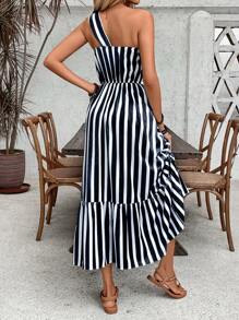 Chiquease 女士拼色条纹印花不对称领口休闲连衣裙 - 黑色 - 查看 2