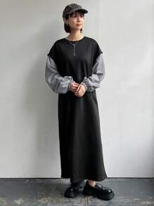 FRIFUL 女式拼接条纹印花休闲长袖中长连衣裙 - 黑色 - 查看 2