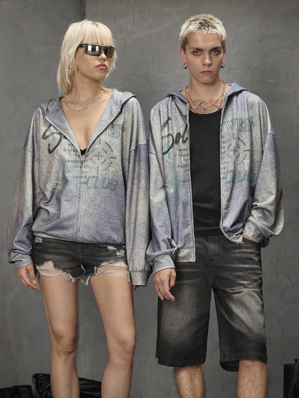 Manfinity VCAY Men's Loose Fit Letter Print Knitted Hooded Casual Sweatshirt , Suitable For Spring And Autumn Halloween, Colorful, Couple Matching, Long Sleeve, Zipper Hoodie, Going Out, Renaissance, Graffiti, For Fall Winter