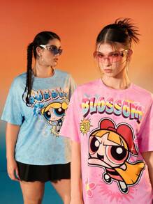 THE POWERPUFF GIRLS X SHEIN Camiseta holgada con estampado de letra de dibujos animados para mujer, rosa, de hombros caídos