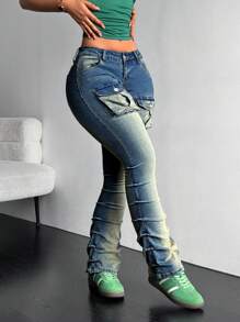 SHEIN ICON Women's Faded Simple Casual Pocket Jeans - Blue - View 5