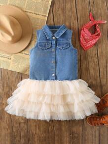 Vestido informal de fiesta para niñas jóvenes con cuello, sin mangas, patchwork de mezclilla y tutú de tul estilo vaquera - Azul - Ver 7