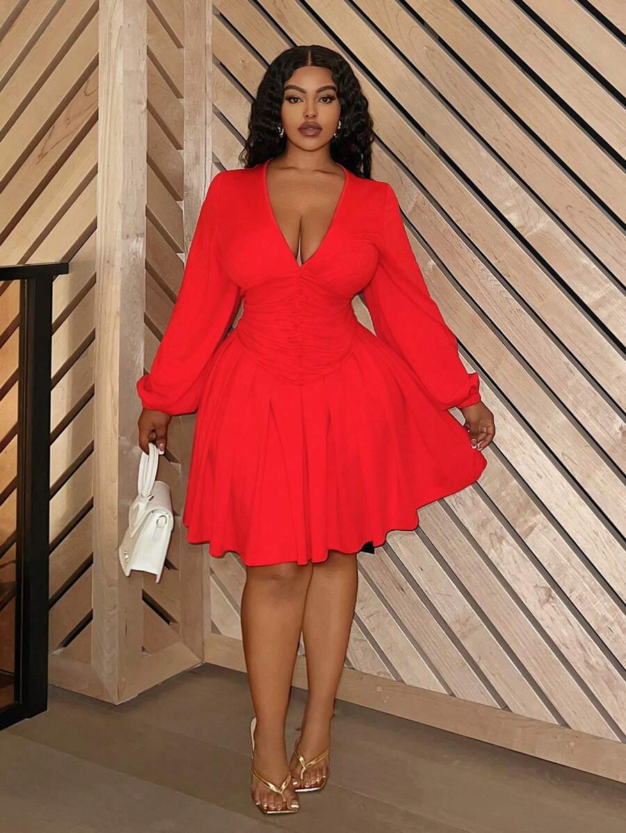 Slaydiva 大码女式优雅性感纯红色 V 领褶皱荷叶边下摆紧身迷你连衣裙 - 紅色 - 查看 1