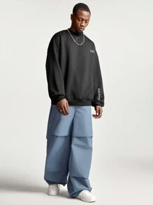 Manfinity NXTstreet Men's Solid Color Multi-Pocket Casual Loose Wide Leg Woven Pants - Blue - View 6