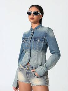 Spring Autumn Casual Ombre Washed Denim Jacket - Light Wash - View 6