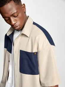 Manfinity VCAY Conjunto de camisa de manga corta tejida con ajuste holgado y parches, adecuado para el verano para hombre