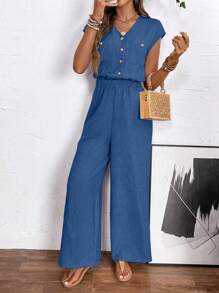 SHEIN LUNE Women's V-Neck Button Front Short Sleeve Straight Leg Casual Jumpsuit - Royal Blue - View 6
