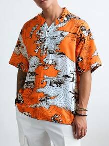 Manfinity VCAY Men's Casual Loose Fit All-Over Print Short Sleeve Woven Shirt,Halloween Shirts,Orange Shirts - Orange - View 1