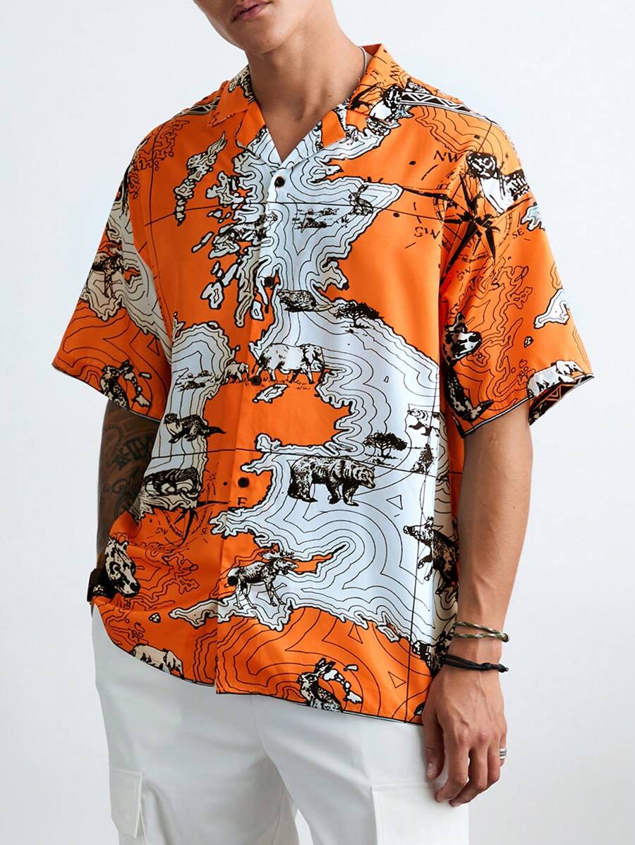 Manfinity VCAY Men's Casual Loose Fit All-Over Print Short Sleeve Woven Shirt,Halloween Shirts,Orange Shirts - Orange - View 1