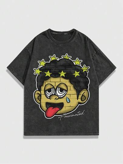 Street Life Herren Kurzarm T-Shirt mit Graffiti-Portrait Muster, verwaschen, für Sommer und Schule