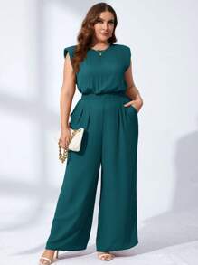SHEIN Clasi Plus Size Round Neck Solid Color Sleeveless Romper With Pockets, Summer - Teal Blue - View 5