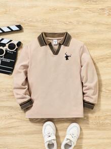 SHEIN Leap Crew 年轻男孩休闲舒适鹿头图案罗纹领 Polo 衫 - 卡其色 - 查看 1