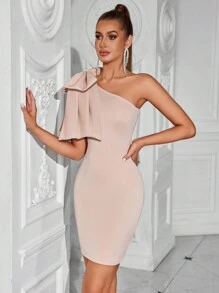 ADYCE One Shoulder Short Party Dress With Bowknot - Apricot - View 4