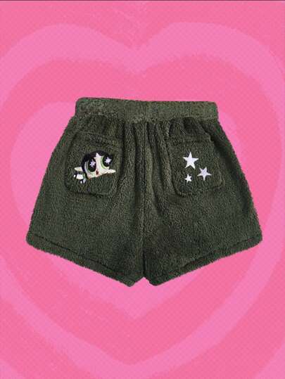 The Powerpuff Girls | ROMWE Plus Size Cartoon & Star Embroidery Knot Waist Teddy Fleece Shorts, School