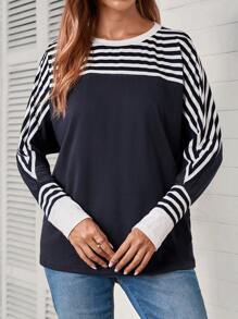 EMERY ROSE 女式宽松休闲 T 恤，长袖上有细条纹和纯色拼布