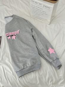 SHEIN Unity 女士撞色星形印花圆领长袖套头卫衣秋季卫衣 - 灰色 - 查看 3