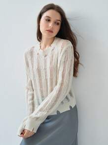 Enchnt 女士圆领镂空设计长袖休闲迷人柔软毛衣 - 白色 - 查看 8