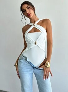 Firerie 白色优雅休闲浪漫吊带系腰连衣裙，适合节日、派对、音乐节 - 白色 - 查看 6