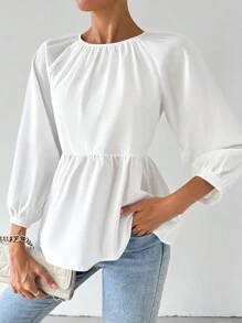 SHEIN Privé Women's Summer Casual Elegant Vacation Loose White Blouse With Tie Back, Lantern Sleeves And Ruffle Hem Fall Blouses