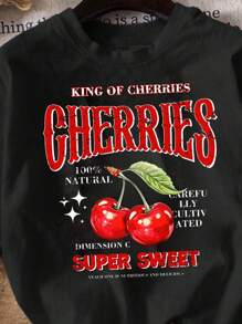 SHEIN EZwear Cherry Pattern Minimalist Fitted Round Neck Short Sleeve Women T-Shirt, Suitable For Summer, Cotton Blend - Black - View 3