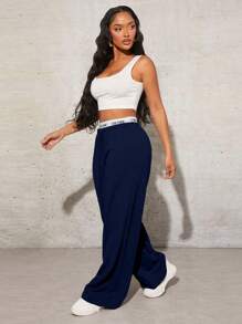 SHEIN SXY 女士字母针织腰带休闲运动裤 - 藏蓝色 - 查看 8